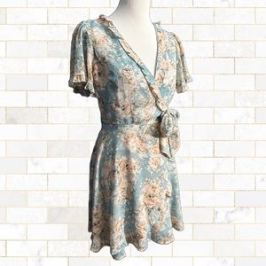 Blue Floral Pastel Ruffle Sleeve Wrap Dress